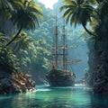 The Jolly Rogue: A Pirate Ship in a Tropical Lagoon