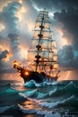 The Majestic Pirate Ship Sailing through Storm Clouds, a Turbulent Sea, and a Dramatic Sunset. AI generated