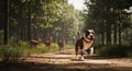 A Playful Pitbull Running Towards the Camera with Deer in the Forest Background Royalty Free Stock Photo