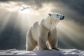 Majestic polar bear basks in sunrays amidst snow. Generative AI