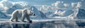 Majestic polar bear crossing arctic ice under moonlight with snow capped peaks in the background Royalty Free Stock Photo