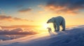 Majestic Polar Bear and Cub Roaming the Icy Norwegian Arctic Waters with Scenic Horizon View.