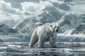 Majestic polar bear journeying through arctic ice fields with snowy mountains in the background