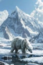 Majestic polar bear journeying through arctic ice fields with snowy mountains in the background