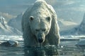 Majestic Polar Bear Standing at the Edge of Ice Floe in Arctic Ocean with Snow Capped Mountains in the Background