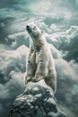 Majestic Polar Bear Standing on Snowy Cliff with Dramatic Cloudy Sky Background in Arctic Wilderness