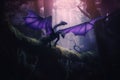 majestic purple dragon flying through dark forest