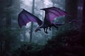 majestic purple dragon flying through dark forest