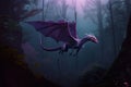 majestic purple dragon flying through dark forest