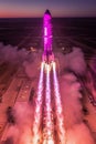 Majestic Purple Rocket Launch Illuminating the Night Sky with Bright Flames and Smoke at Liftoff from a Remote Launchpad