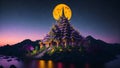 Majestic purple temple stands proudly against the backdrop of the night sky illuminated by the soft glow of the moon.