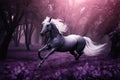 majestic purple unicorn, galloping through magical dark forest