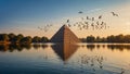 majestic pyramid stands tall in the center of a vast, shimmering lake, surrounded by a multitude of graceful birds