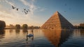 A majestic pyramid stands tall in the center of a vast, shimmering lake