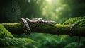 A Majestic Python Coiled on a Mossy Branch in a Lush, Green Forest Royalty Free Stock Photo