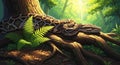 A Majestic Python Resting Peacefully on Tree Roots in a Lush Green Forest Royalty Free Stock Photo