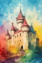 Majestic rainbow medieval castle. Fantasy kingdom. Style of impressionism and oil painting. Metaphorical associative