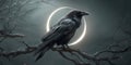 Majestic Raven Night Scene with Crescent Moon Royalty Free Stock Photo