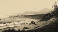 Sepia Tone Engraving Of Coastal Trees And Ocean