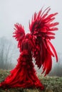 Majestic Red Angel with Elaborate Wings Standing in Misty Landscape Fantasy Conceptual Photography