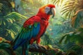 Majestic Red and Blue Macaw Parrot Perched in Lush Tropical Rainforest with Sunlit Foliage Royalty Free Stock Photo