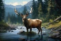 Majestic red deer stag with large antlers in the wild mountain river, Bull Elk in stream, AI Generated Royalty Free Stock Photo