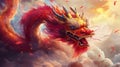 Majestic Red Dragon Soaring Through Clouds Royalty Free Stock Photo