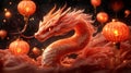 A majestic red dragon surrounded by glowing lanterns in a mystical setting Royalty Free Stock Photo