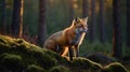 Red Fox Portrait in the Forest with Beautiful Golden Light and Mossy Ground Royalty Free Stock Photo