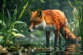Majestic Red Fox Wading through a Serene Forest Water Stream Surrounded by Lush Greenery Royalty Free Stock Photo