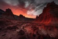 majestic red rock formations in fiery sunset, surrounded by black sky Royalty Free Stock Photo