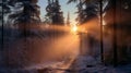 Majestic Red Sun Beams In Enchanting Pine Forest