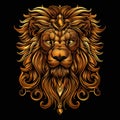 Majestic regal golden head of a lion on a black background. Decorative illustration
