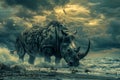 Majestic Rhino in a Surreal Oceanic Landscape with Stormy Skies and Dramatic Lighting Fantasy Art Composition Royalty Free Stock Photo
