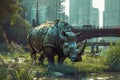 Majestic Rhino in a Surreal Urban Jungle Setting with Lush Greenery and Futuristic Cityscape Backdrop