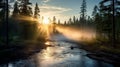 Majestic River Dawn Scene With Robotics In Harmony