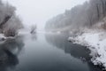 majestic river frozen in winter, covered in snow and ice