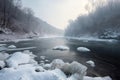 majestic river frozen in winter, covered in snow and ice