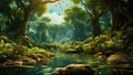 A Majestic River Painting Framed by Towering Trees in a Picturesque Landscape, Sustainability net zero carbon negative forest