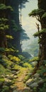 Majestic Road: A Green Forest Painting Inspired By Masamune Shirow And Paul Catherall