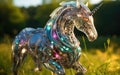Majestic robot unicorn with iridescent titanium body in a verdant meadow at sunset