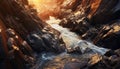 Majestic rock cliff, sunset over flowing water generated by AI Royalty Free Stock Photo