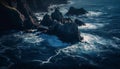 Majestic rock cliffs break waves at sunset generated by AI