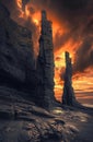 Majestic rock formations against a dramatic sunset sky