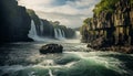 Majestic rock formations by the flowing water generated by AI