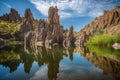 majestic rock formations towering over tranquil lake