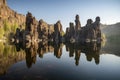 majestic rock formations towering over tranquil lake