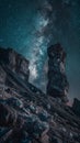 Majestic rock pillars stand as sentinels under a mesmerizing cosmic sky, where the Milky Way unveils the vastness of the