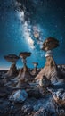 Majestic rock pillars stand as sentinels under a mesmerizing cosmic sky, where the Milky Way unveils the vastness of the