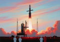 Majestic rocket launch ignites the sky with fiery ascent amidst dramatic sunset clouds Royalty Free Stock Photo